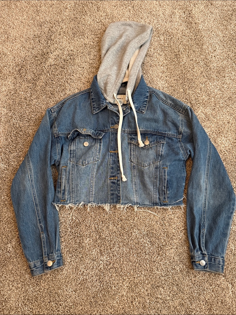 Forever 21 Blue Denim Cropped Jean Jacket with Gray Hood
